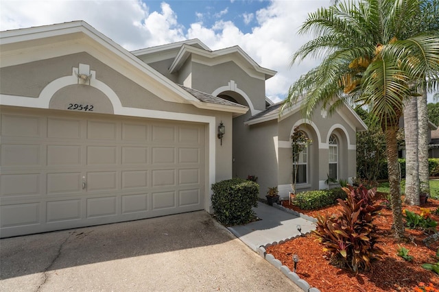 29542 Forest Glen Dr, Wesley Chapel, FL 33543 - mediterranean / spanish-style house featuring a garage, stucco siding, and concrete driveway