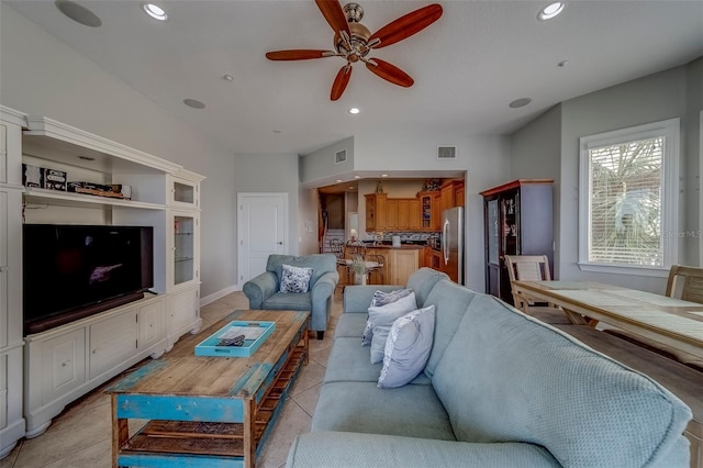 620 Bayway Blvd Unit 1, Clearwater, FL 33767 - living room with recessed lighting, ceiling fan, visible vents, and light tile patterned floors