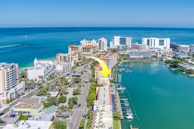 620 Bayway Blvd Unit 1, Clearwater, FL 33767 - birds eye view of property with a view of city and a water view