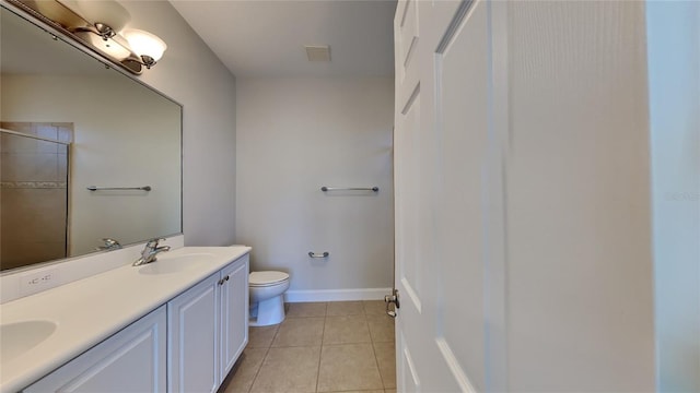 bathroom featuring double vanity, visible vents, a sink, tile patterned floors, and toilet