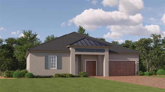 12054 Violet Jasper Dr, Parrish, FL 34219 - view of front of house with a front lawn, decorative driveway, stucco siding, a standing seam roof, and an attached garage