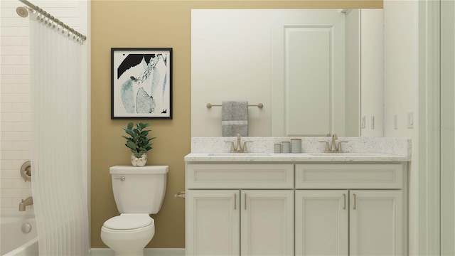 12054 Violet Jasper Dr, Parrish, FL 34219 - full bath with double vanity, toilet, shower / bathtub combination with curtain, and a sink