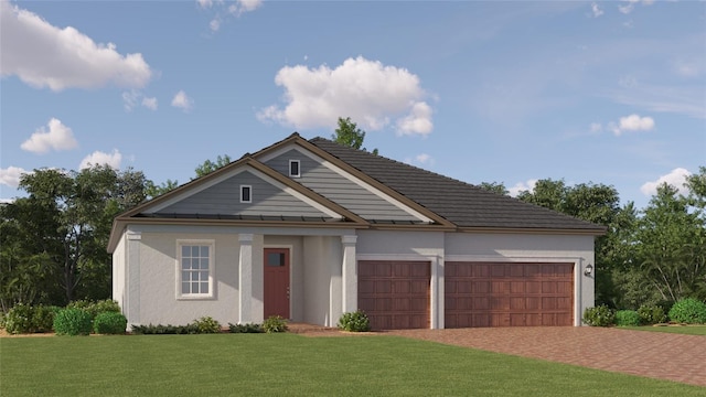 12058 Violet Jasper Dr, Parrish, FL 34219 - view of front facade with an attached garage, stucco siding, a front yard, decorative driveway, and a standing seam roof