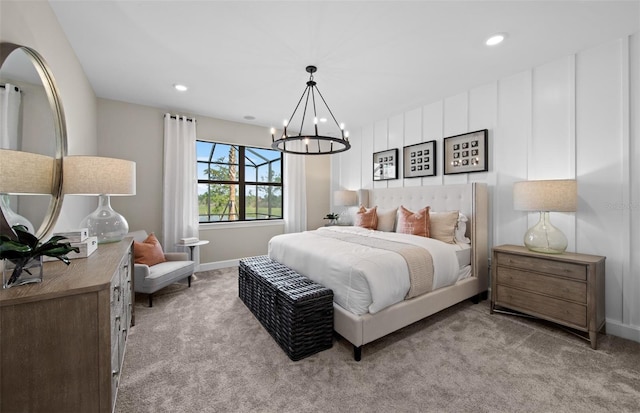 bedroom featuring carpet floors, recessed lighting, baseboards, and an inviting chandelier