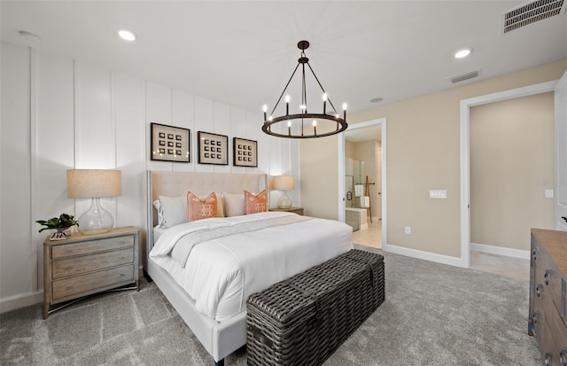 bedroom with carpet flooring, recessed lighting, a notable chandelier, and visible vents