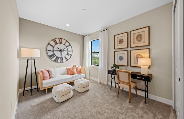 sitting room with carpet floors and baseboards