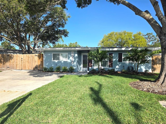 single story home featuring stucco siding, a front lawn, and fence