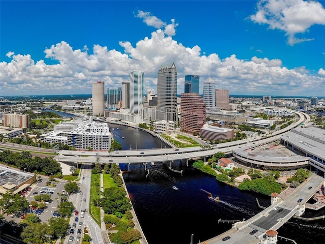 birds eye view of property with a city view and a water view