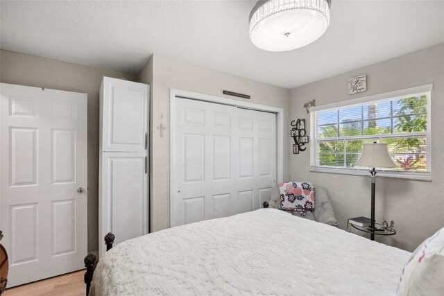 bedroom with light wood finished floors and a closet
