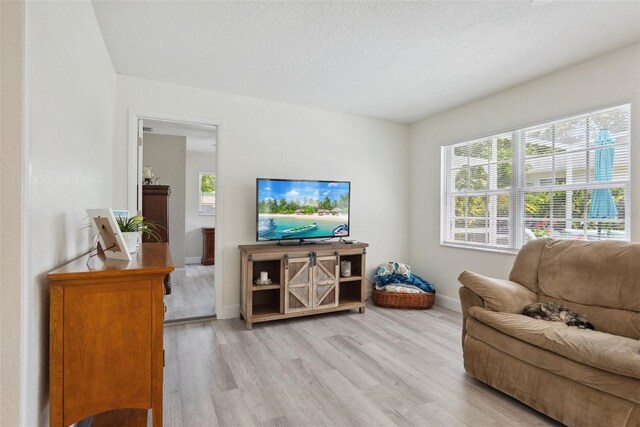 living area with baseboards and wood finished floors