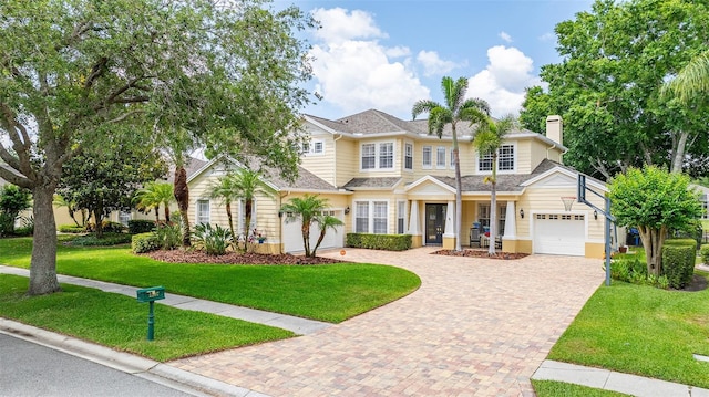 view of front facade featuring a garage, a chimney, decorative driveway, and a front yard