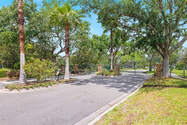 view of street featuring curbs, a gated entry, and a gate