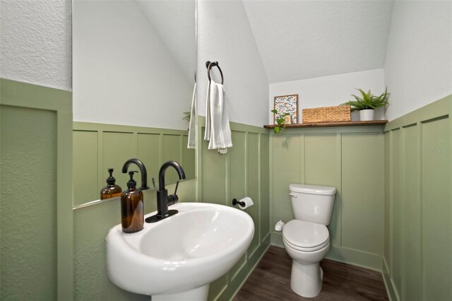 bathroom with wood finished floors, a decorative wall, lofted ceiling, toilet, and a sink