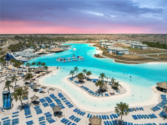 drone / aerial view featuring a water view