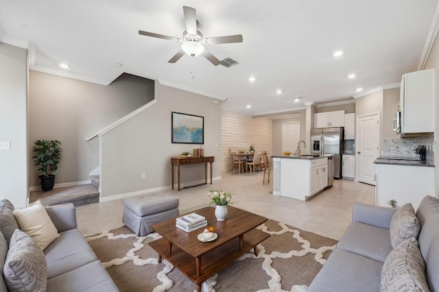 31970 Blue Passing Loop, Wesley Chapel, FL 33545 - living room featuring stairs, recessed lighting, ornamental molding, a ceiling fan, and light tile patterned floors