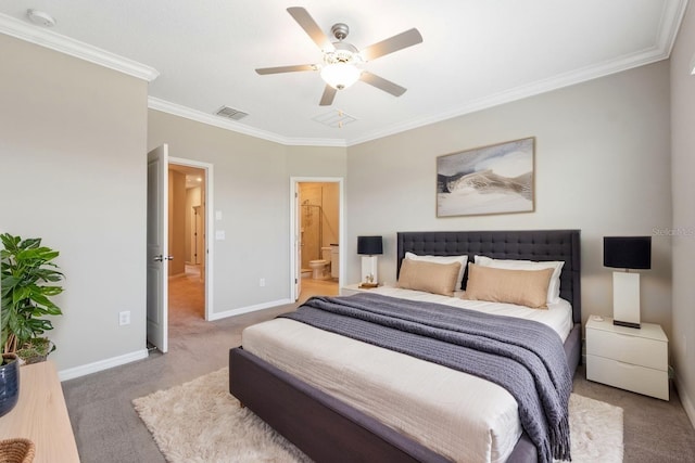 31970 Blue Passing Loop, Wesley Chapel, FL 33545 - carpeted bedroom featuring ornamental molding, baseboards, ensuite bathroom, and ceiling fan