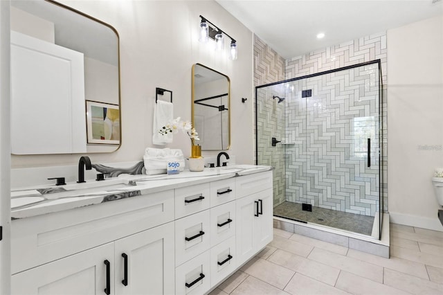 121 E Warren Ave Unit 1, Tampa, FL 33602 - bathroom featuring a stall shower, double vanity, tile patterned floors, recessed lighting, and baseboards
