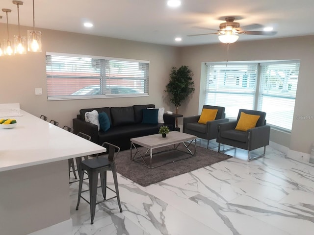 2042 Craft Ln, Sarasota, FL 34239 - living room featuring marble finish floor, recessed lighting, and a wealth of natural light