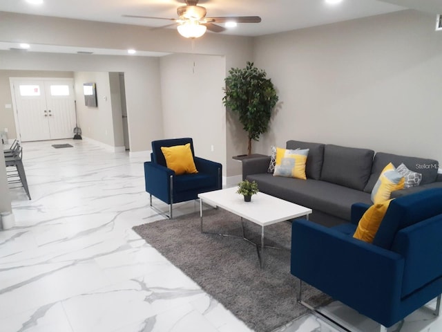 2042 Craft Ln, Sarasota, FL 34239 - living area with a ceiling fan, baseboards, recessed lighting, and marble finish floor