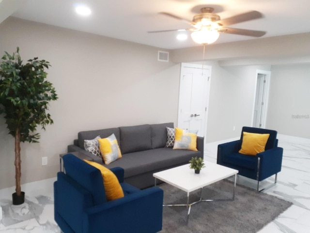 2042 Craft Ln, Sarasota, FL 34239 - living area with visible vents, a ceiling fan, recessed lighting, and marble finish floor