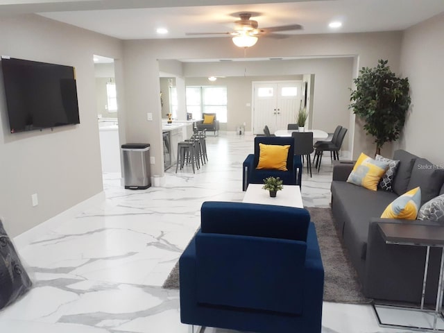 2042 Craft Ln, Sarasota, FL 34239 - living room featuring recessed lighting, a ceiling fan, marble finish floor, and baseboards