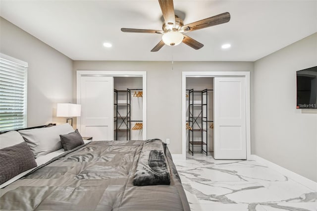 2042 Craft Ln, Sarasota, FL 34239 - bedroom with recessed lighting, baseboards, a ceiling fan, and marble finish floor