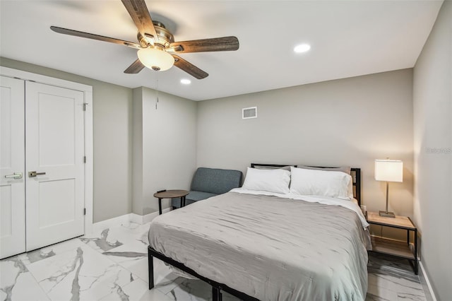 2042 Craft Ln, Sarasota, FL 34239 - bedroom with recessed lighting, a ceiling fan, baseboards, and visible vents