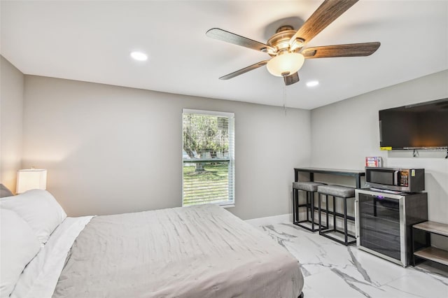 2042 Craft Ln, Sarasota, FL 34239 - bedroom featuring recessed lighting, ceiling fan, marble finish floor, and wine cooler