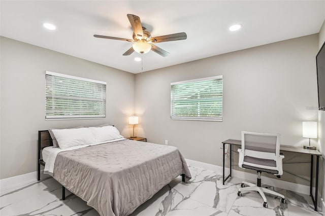 2042 Craft Ln, Sarasota, FL 34239 - bedroom with recessed lighting, baseboards, a ceiling fan, and marble finish floor