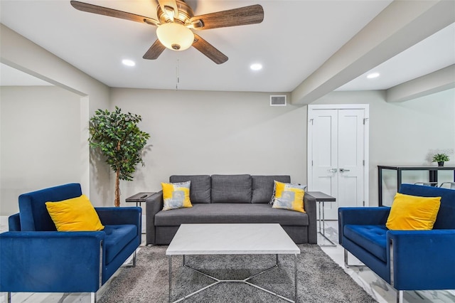 2042 Craft Ln, Sarasota, FL 34239 - living room featuring a ceiling fan, recessed lighting, and visible vents