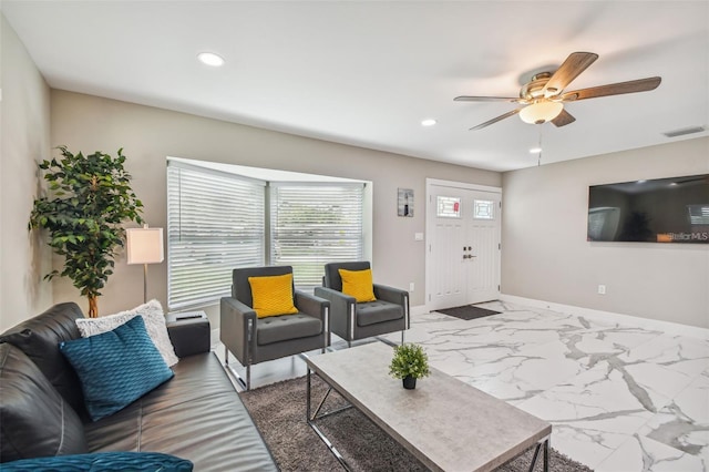 2042 Craft Ln, Sarasota, FL 34239 - living room with ceiling fan, marble finish floor, recessed lighting, baseboards, and visible vents