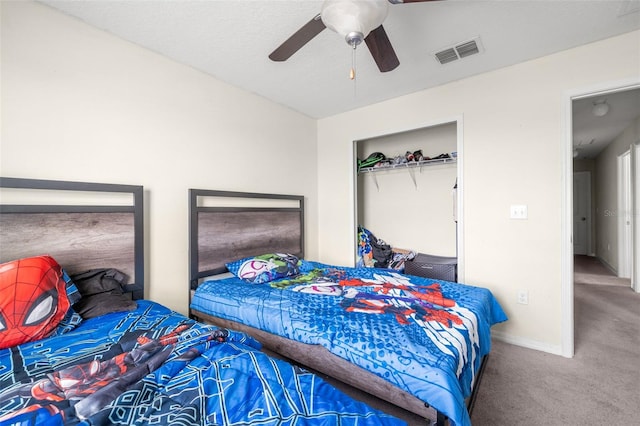 6708 Hazelnut Spice Dr, Ruskin, FL 33573 - bedroom featuring visible vents, a ceiling fan, a closet, baseboards, and carpet flooring