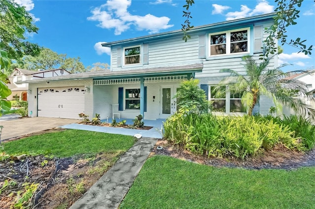 traditional-style home featuring covered porch, a front yard, brick siding, concrete driveway, and an attached garage