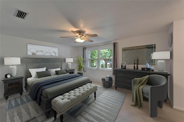 bedroom featuring baseboards, light carpet, a ceiling fan, and visible vents