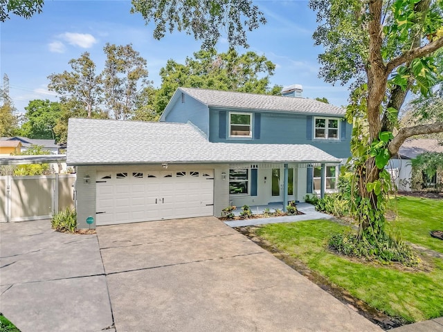 traditional-style home featuring a garage, fence, covered porch, roof with shingles, and concrete driveway