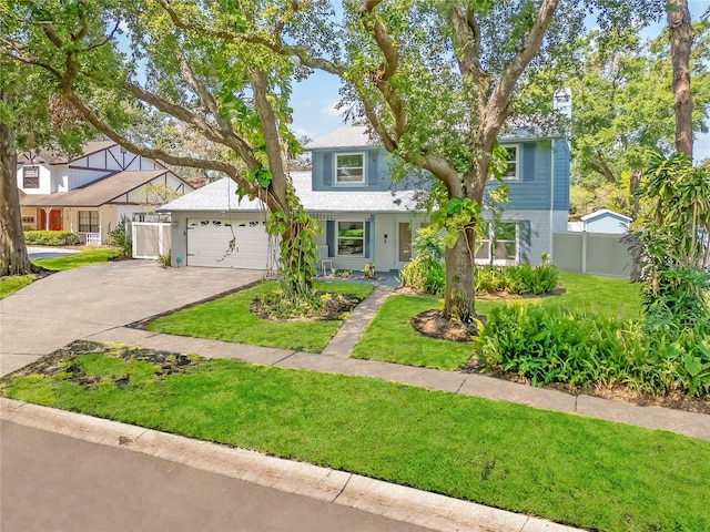 traditional-style home featuring fence, a garage, a front yard, a chimney, and driveway