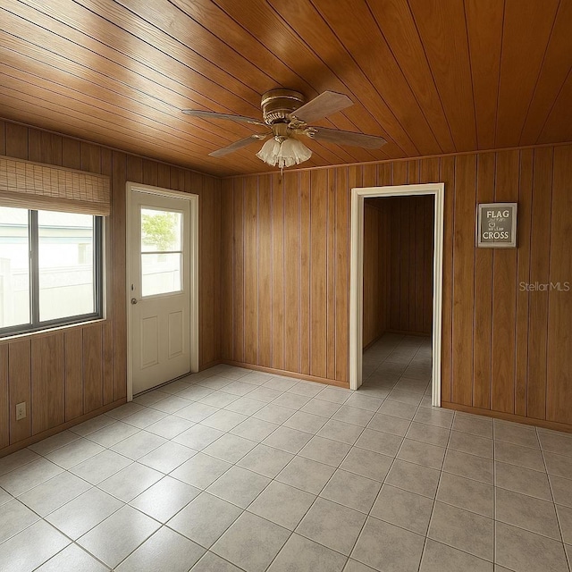 2435 37th Ave N, Saint Petersburg, FL 33713 - spare room with wood ceiling, a ceiling fan, light tile patterned floors, wooden walls, and baseboards