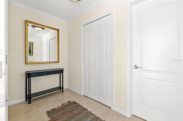 3021 Alton Dr, St Pete Beach, FL 33706 - hall featuring crown molding, baseboards, and light tile patterned floors