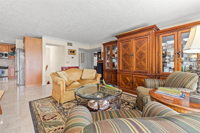 3021 Alton Dr, St Pete Beach, FL 33706 - living area with ornamental molding, a textured ceiling, and light marble finish flooring
