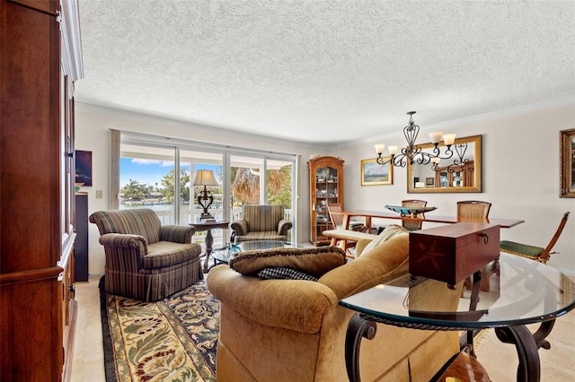 3021 Alton Dr, St Pete Beach, FL 33706 - living room featuring crown molding, a chandelier, a textured ceiling, and a water view