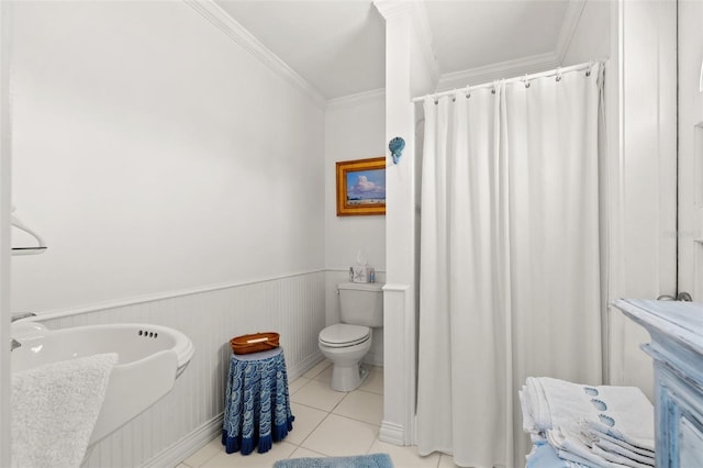3021 Alton Dr, St Pete Beach, FL 33706 - bathroom with toilet, ornamental molding, a wainscoted wall, tile patterned flooring, and a shower with curtain