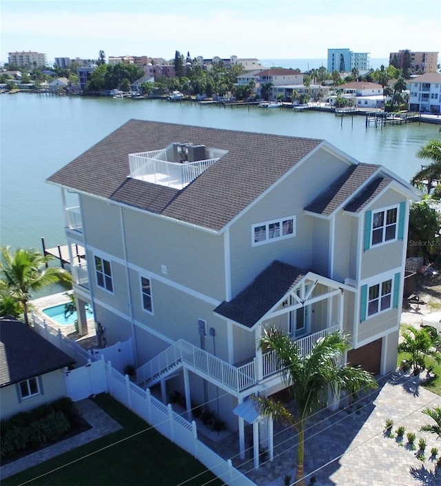 drone / aerial view featuring a water view
