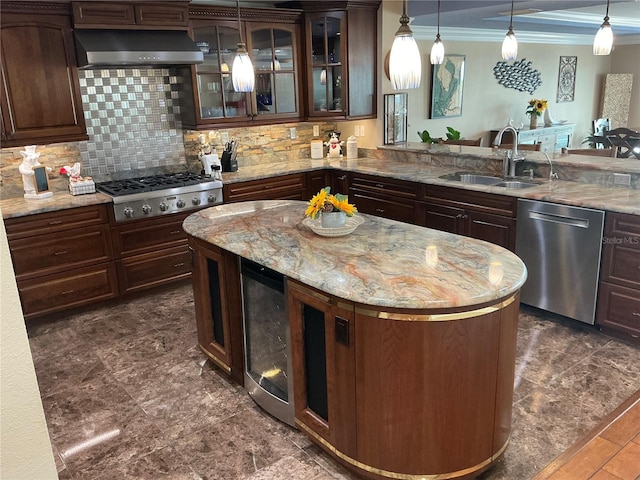324 6th Ave, Indian Rocks Beach, FL 33785 - kitchen featuring crown molding, beverage cooler, extractor fan, a sink, and appliances with stainless steel finishes