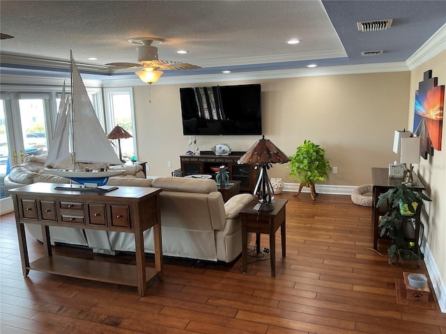 324 6th Ave, Indian Rocks Beach, FL 33785 - living room with a ceiling fan, baseboards, dark wood-style floors, and ornamental molding