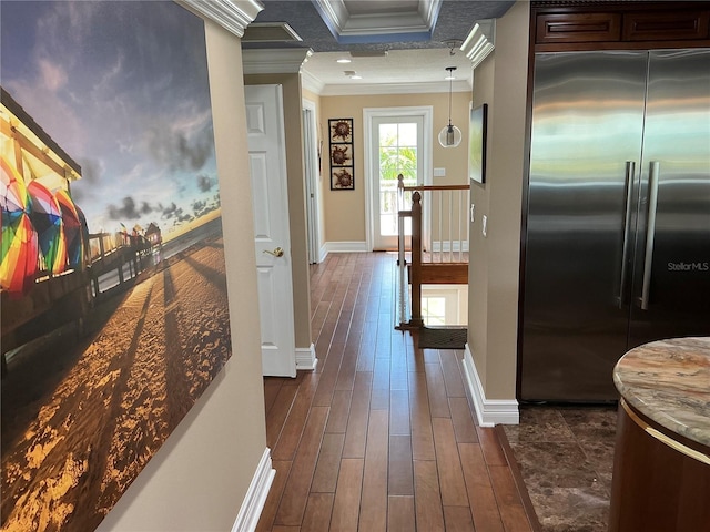 324 6th Ave, Indian Rocks Beach, FL 33785 - hallway with baseboards, dark wood-style floors, and ornamental molding