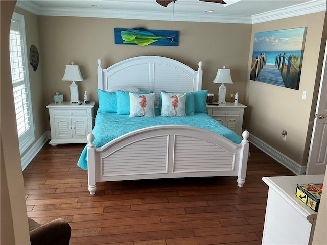 324 6th Ave, Indian Rocks Beach, FL 33785 - bedroom featuring dark wood-style flooring, baseboards, ornamental molding, and ceiling fan