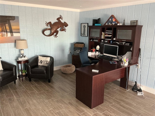 324 6th Ave, Indian Rocks Beach, FL 33785 - office area featuring wooden walls, baseboards, and wood tiled floor