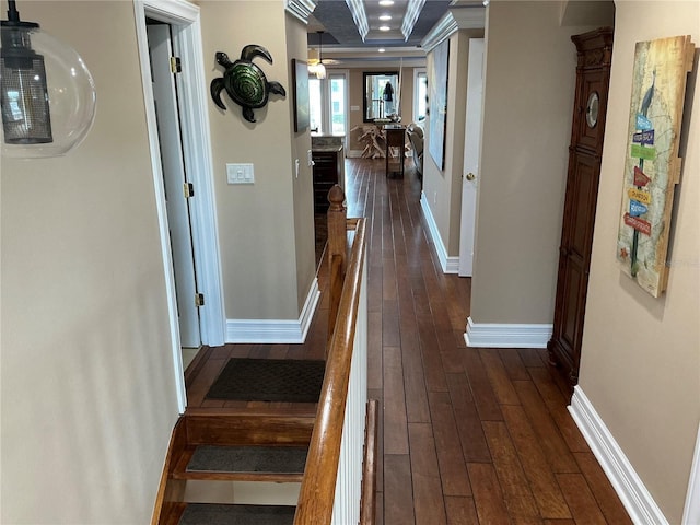 324 6th Ave, Indian Rocks Beach, FL 33785 - corridor with baseboards, ornamental molding, and dark wood-style flooring