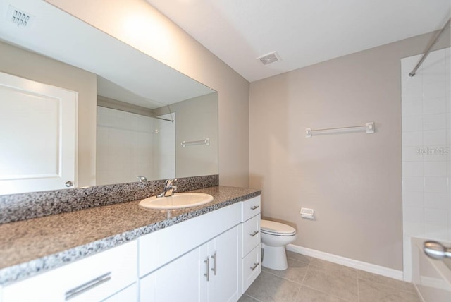 bathroom with baseboards, tile patterned floors, toilet, and visible vents