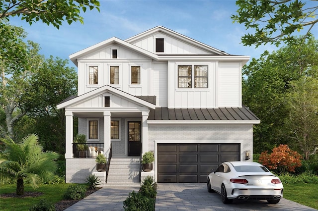 modern inspired farmhouse featuring brick siding, board and batten siding, an attached garage, and covered porch